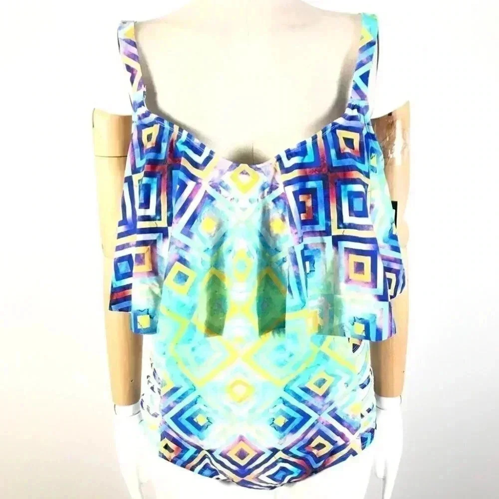 Colocean Plus Size Geometric Ruffle Tankini Top Blue Green NWT